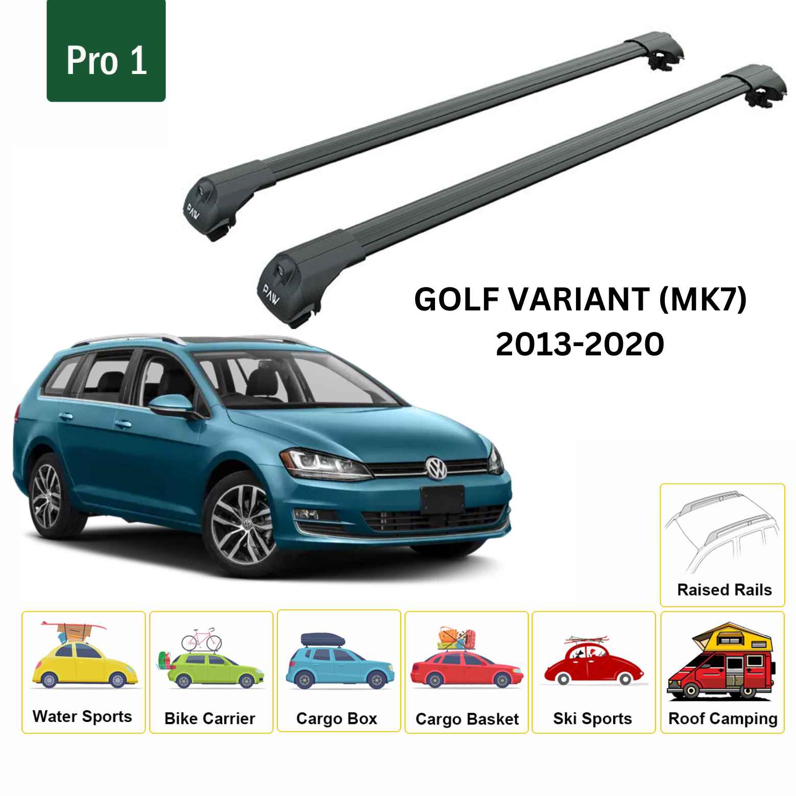 For Volkswagen Golf Variant (MK7) 2013-20 Roof Rack Cross Bar Raised Rail Alu Black For Volkswagen Golf Variant (MK7) 2013-20 Roof Rack Cross Bar Raised Rail Alu Black